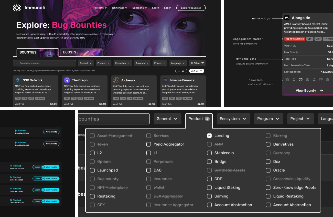 Immunefi bounty discovery: explore page, program card breakdown, results states, and filter dropdown