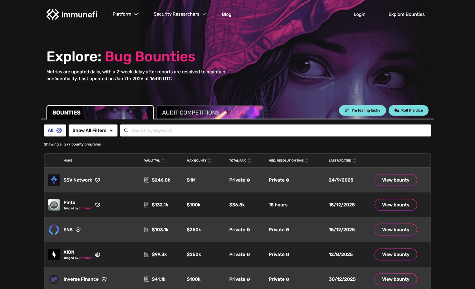 Immunefi Explore Bounties page, showing bounty programs with vault TVL, max bounty, and resolution time