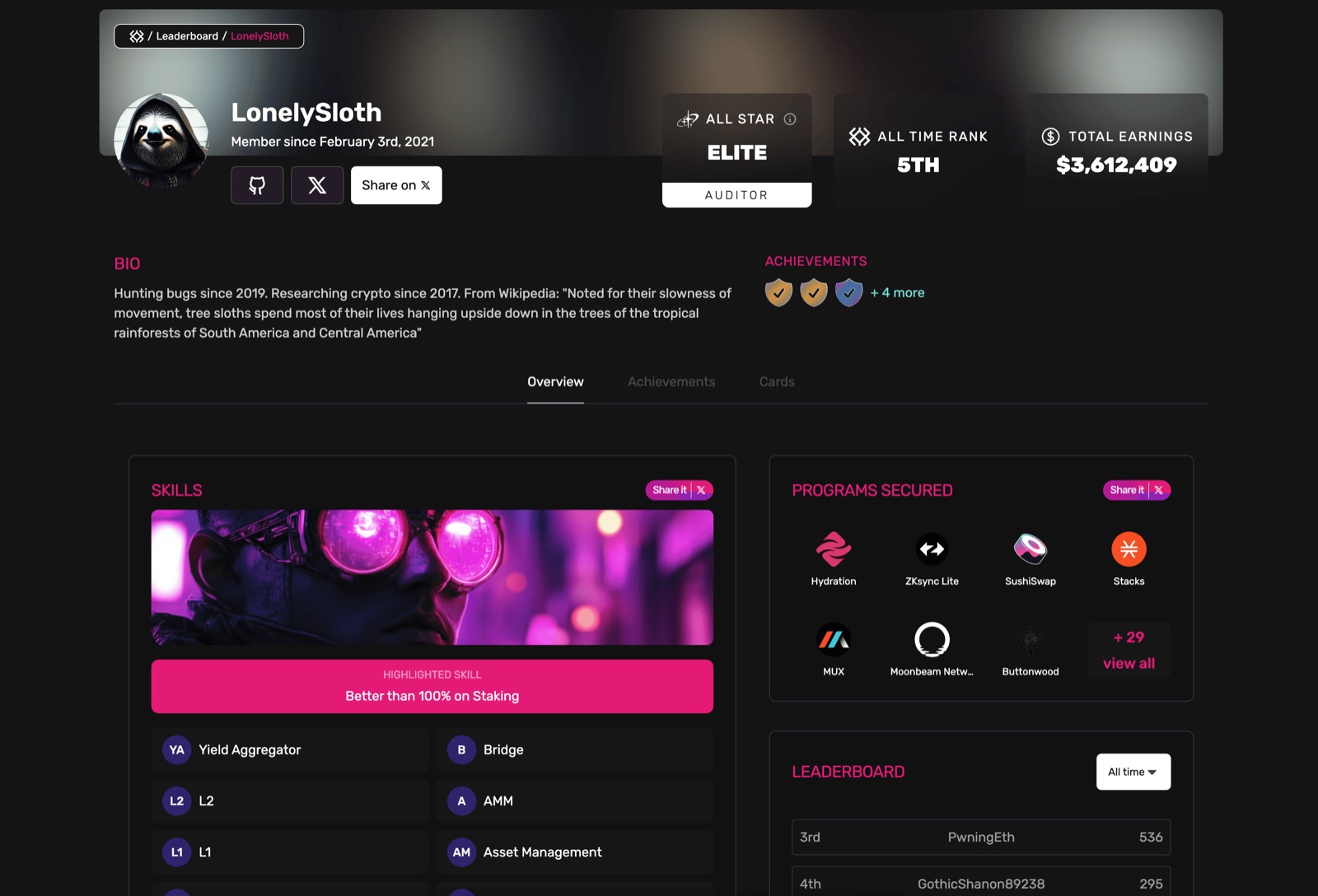 Immunefi researcher profile page, showing an All Star Elite rank, all-time leaderboard position, and total earnings